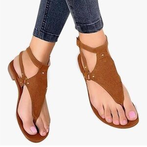 Brown Leather Thong Sandals with Ankle Strap